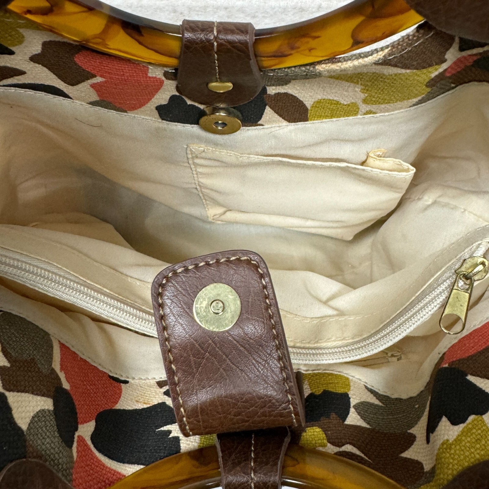 Relic Floral Canvas Handbag With Brown Resin Circular Handles Boho Tote