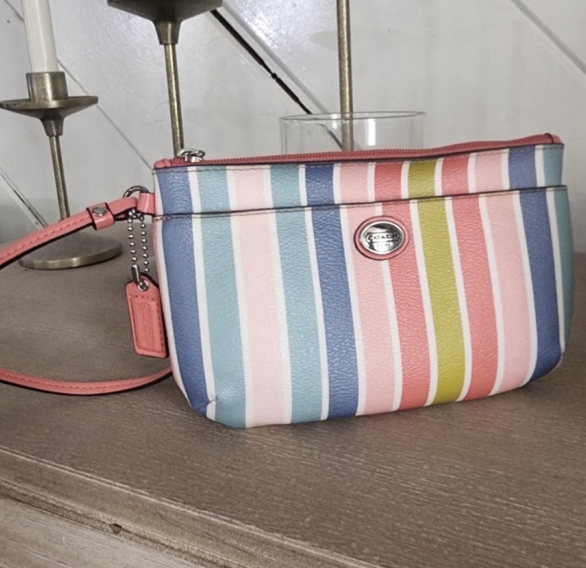 Coach Multicolor Striped Zip Wristlet Clutch. Peyton