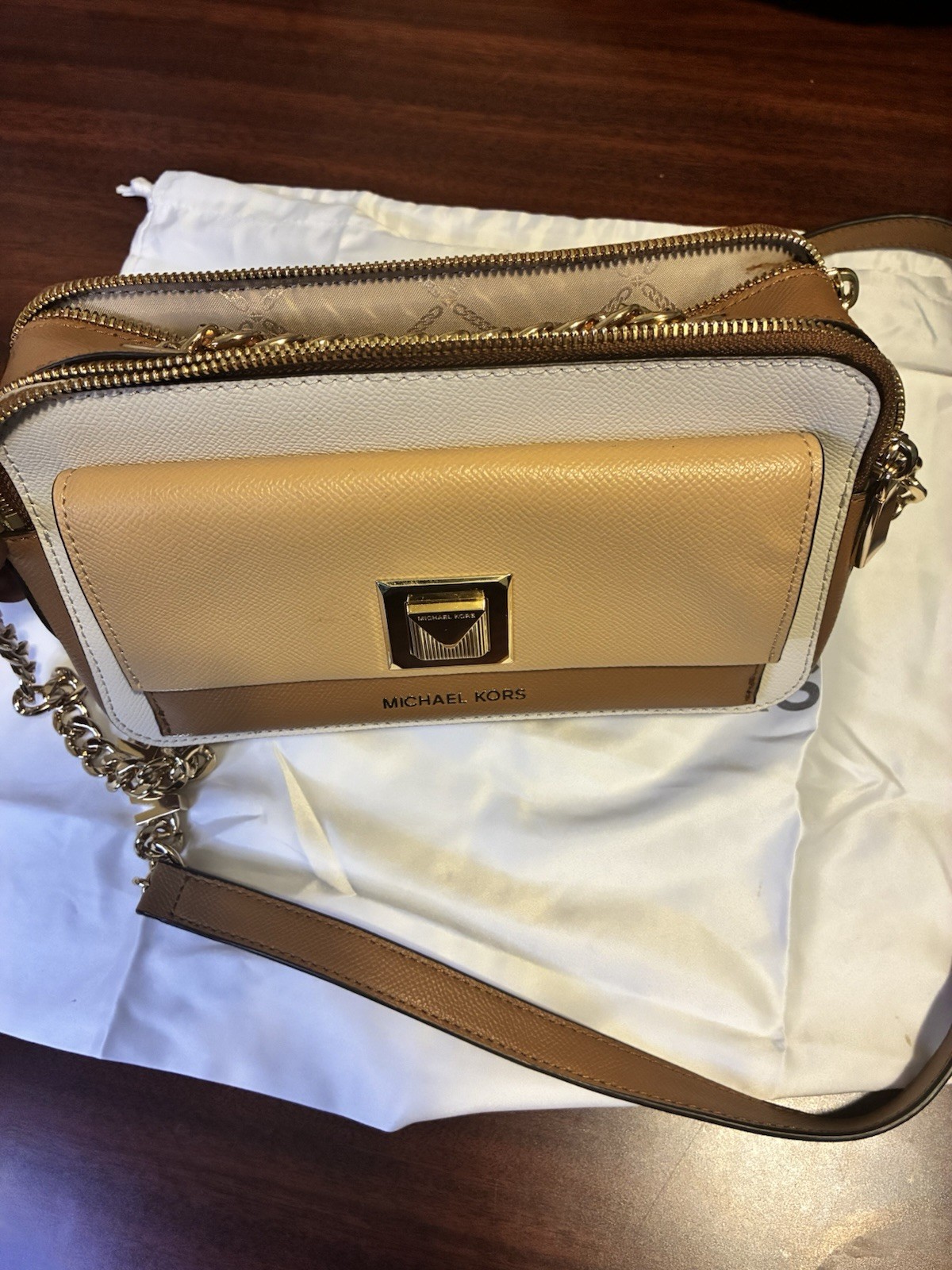 Michael Kors Colorblock Small Zip Crossbody Beige/White/Brown Gold Hardware
