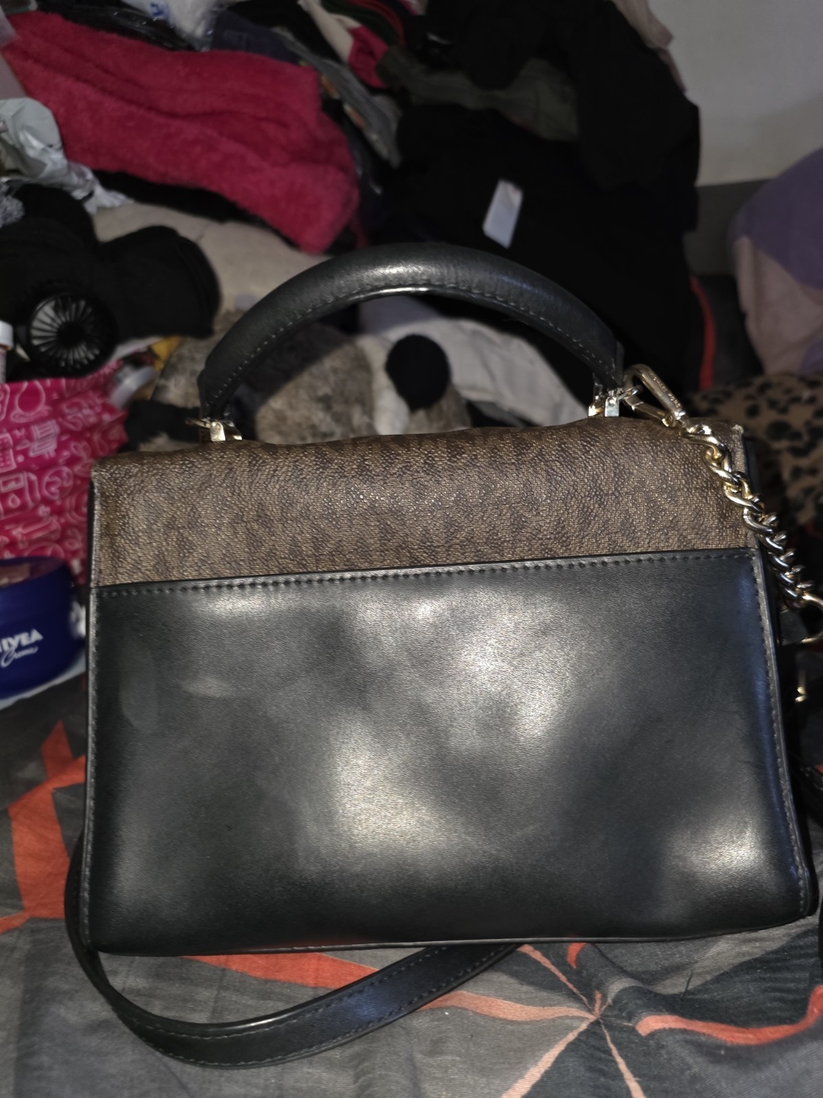 Michael Kors Logo Brown/Black Small Satchel Top Handle Push Lock Gold Chain