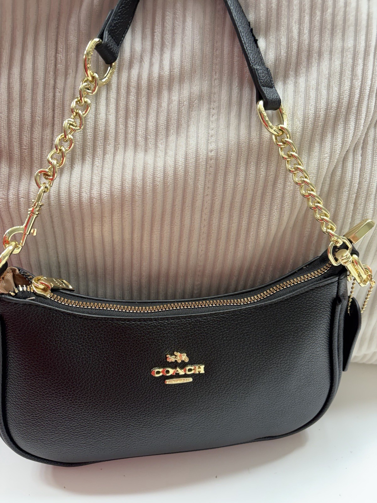 Coach Small Black Shoulder Bag Gold Chain Strap Zip Top Detachable Strap