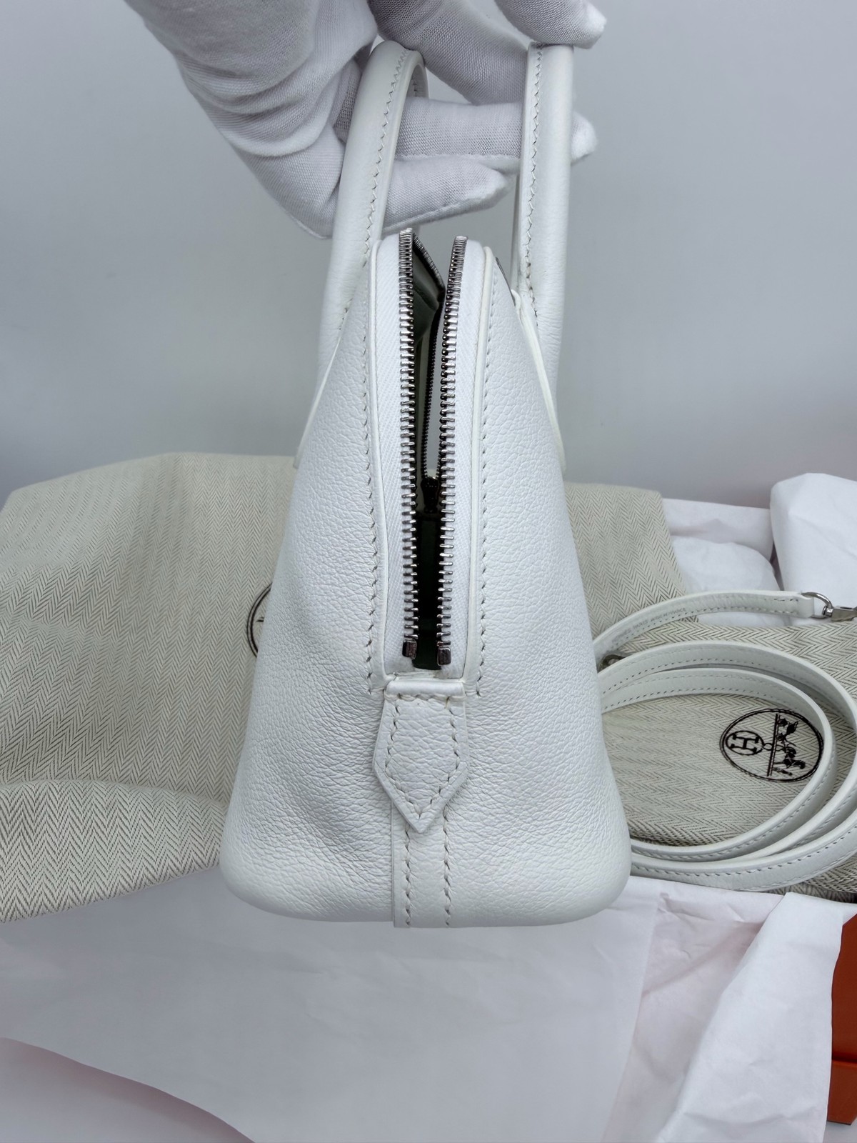 AUTH Hermes Mini Bolide White Leather Palladium Hardware Top Handle Bag