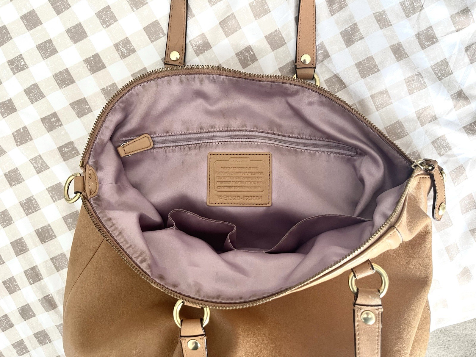 Coach Ashley Tan Leather Satchel Bag & Matching Wallet Set Purple Lining