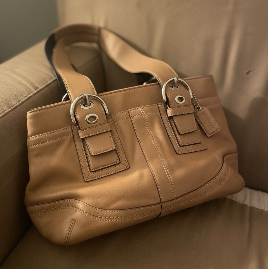 Vintage Coach Tan Satchel Top Handle Zip Shlder Bag Silver Buckle Accent