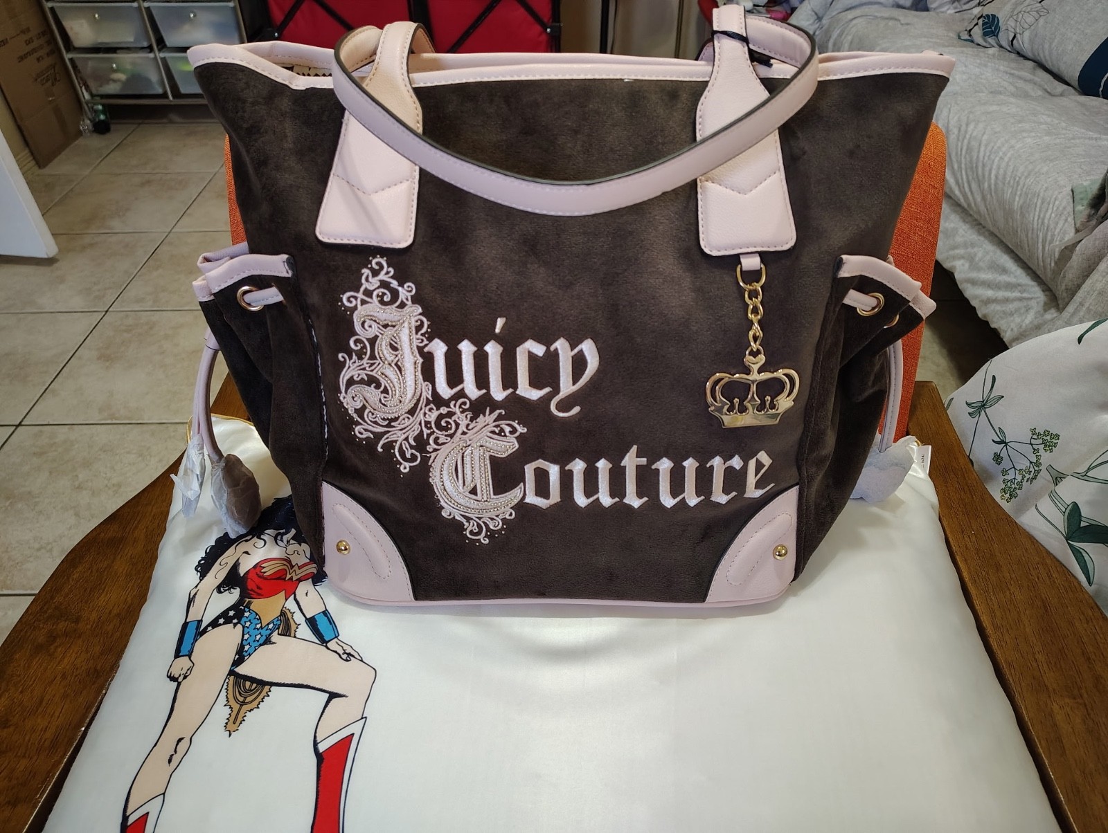 NWT Juicy Couture Renaissance Velour Tote Bag Chocolate Pink Heart Charm