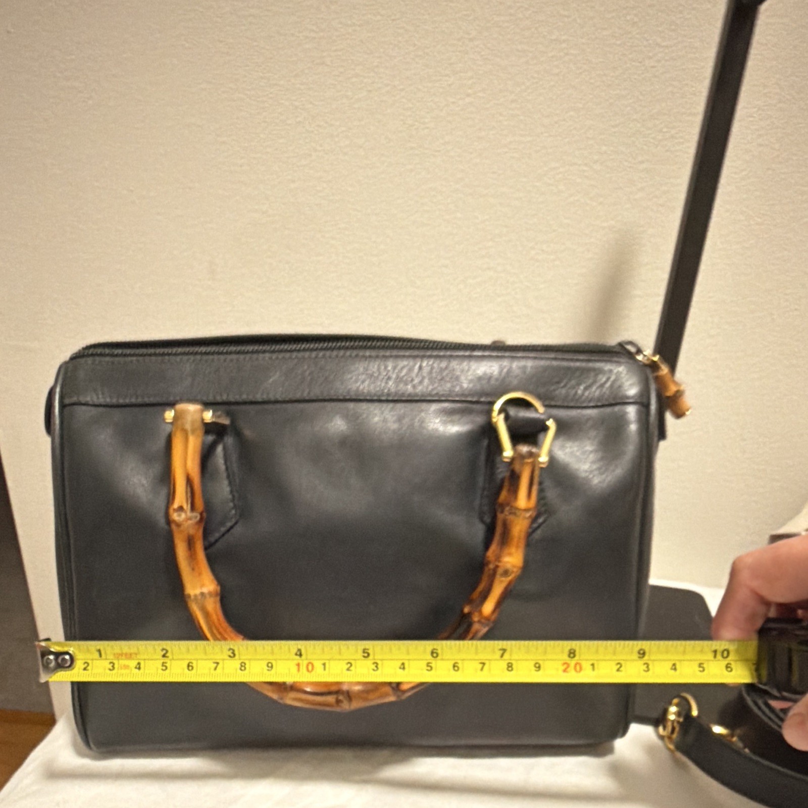 Gucci Black Satchel Top Handle Bag Bamboo Handles Zip Detachable Strap Gold