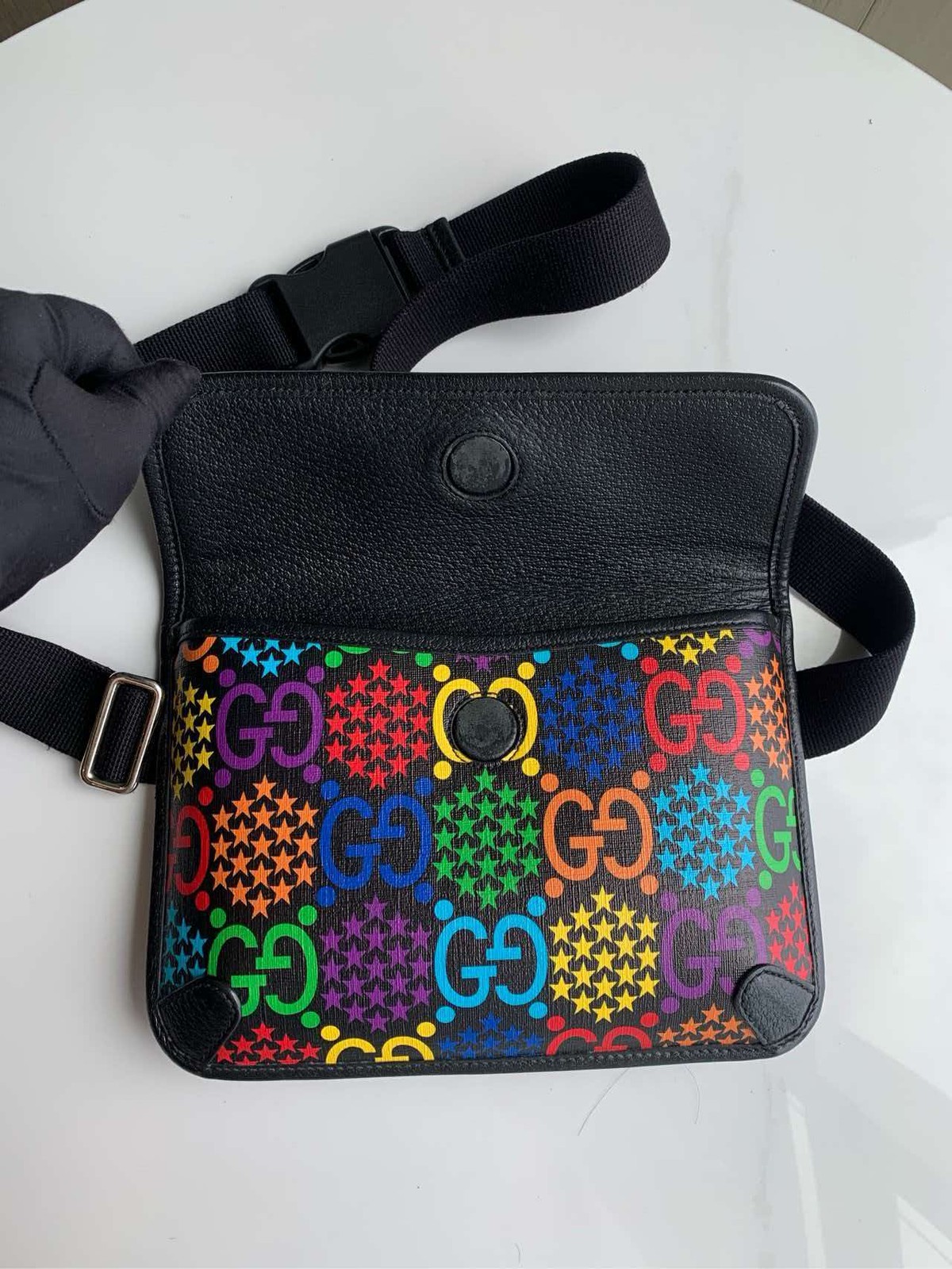 Gucci Psychedelic Limited Ed Black Multicolor Coated Canvas Waist Crossbody Bag