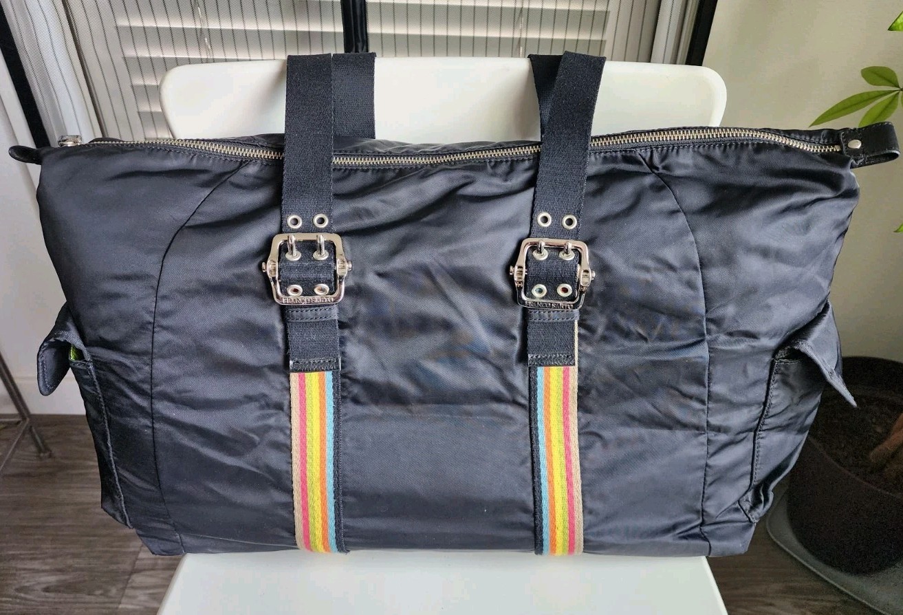 Franco Sarto Vintage Y2K Black Nylon Travel Tote Bag Rainbow Straps Neon Green