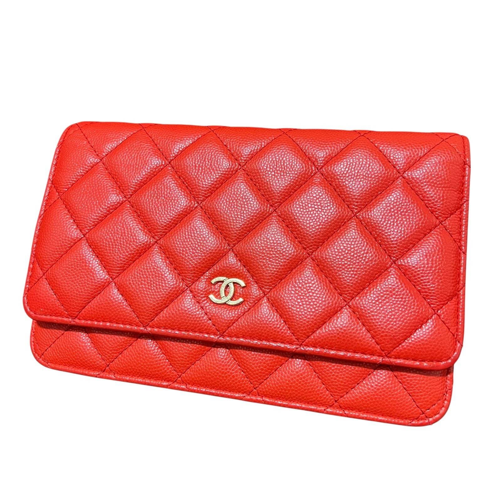 CHANEL WOC Caviar Quilted Red Wallet on Chain Crossbody Bag Authentic