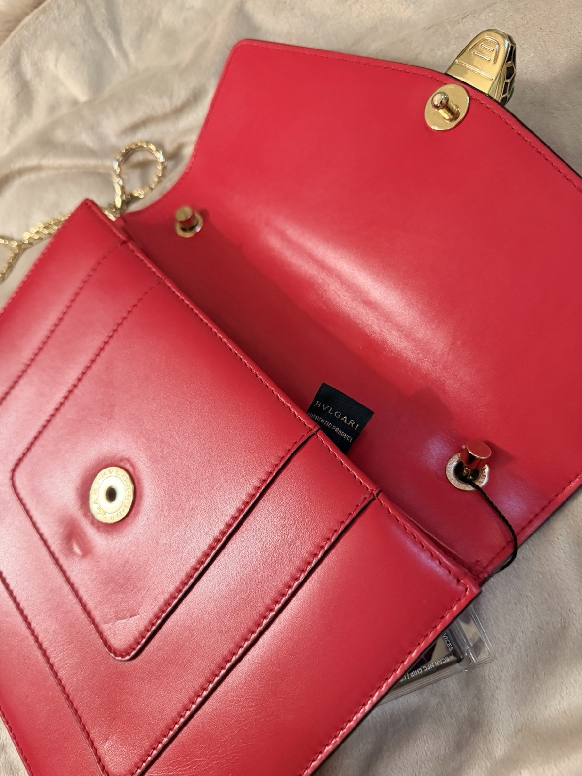 BVLGARI Red Shoulder Bag Gold Chain Strap Logo Hardware Magnetic Clasp