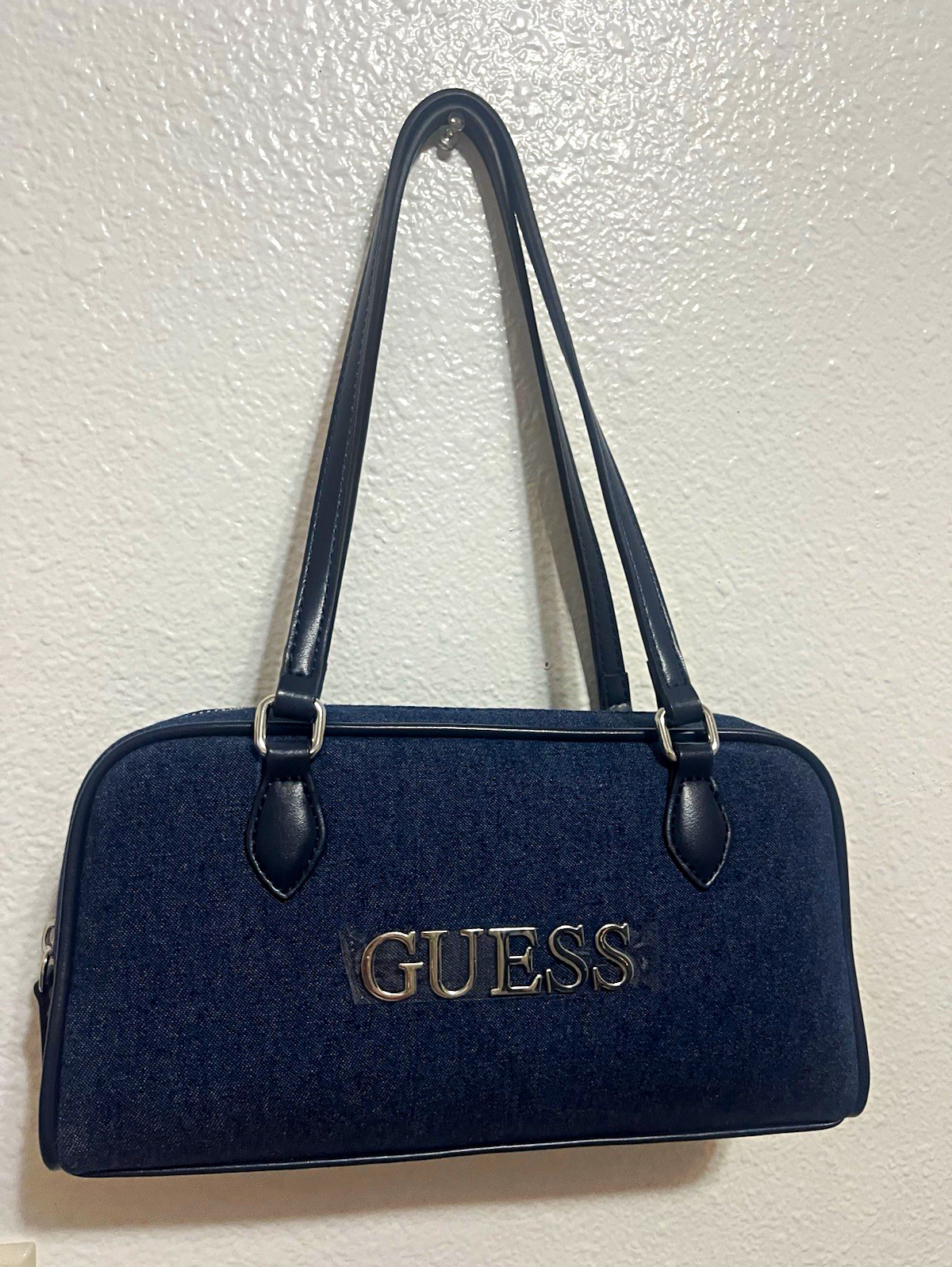 GUESS Blue Denim Shoulder Bag Zip Closure Double Handles Inner Pockets Logo