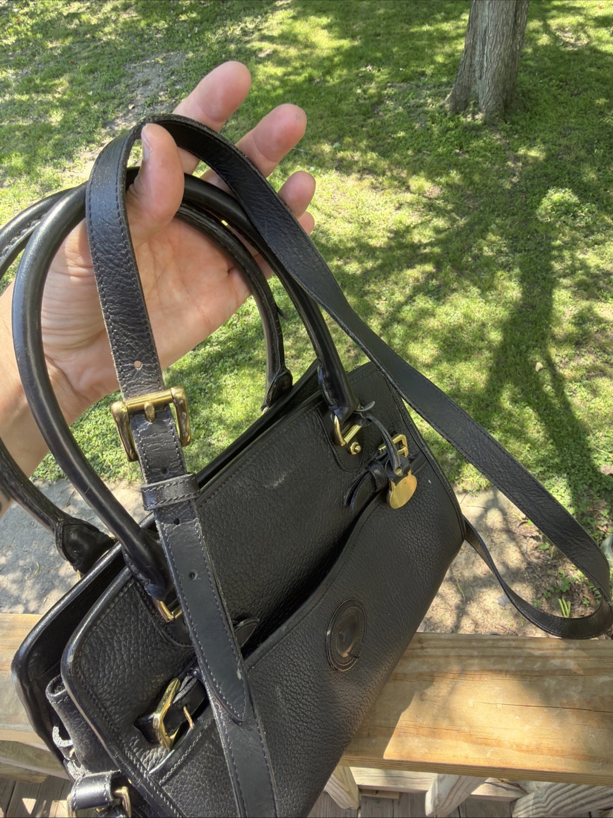 Dooney & Bourke Vtg Blk. Leather Satchel Bag with Gold Accents, Strap Missing