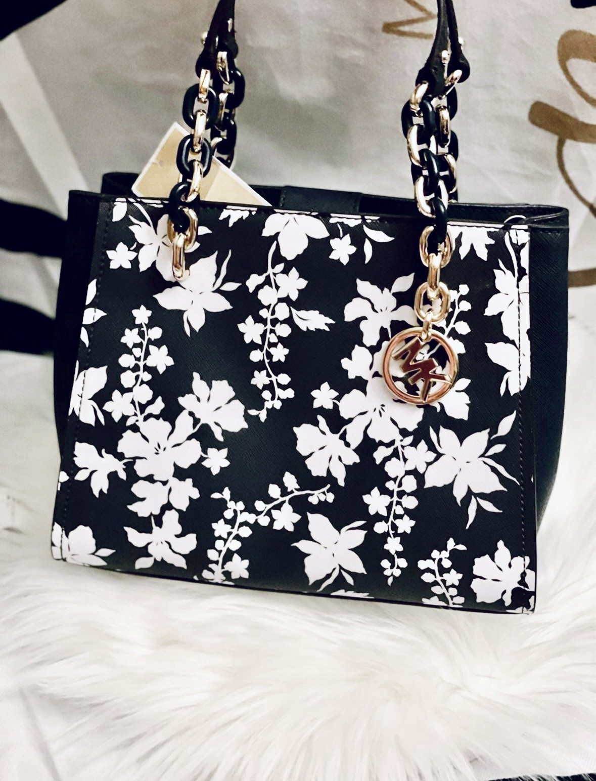 NWT Michael Kors Sofia Medium Leather Bag With Floral Print In White & Navy