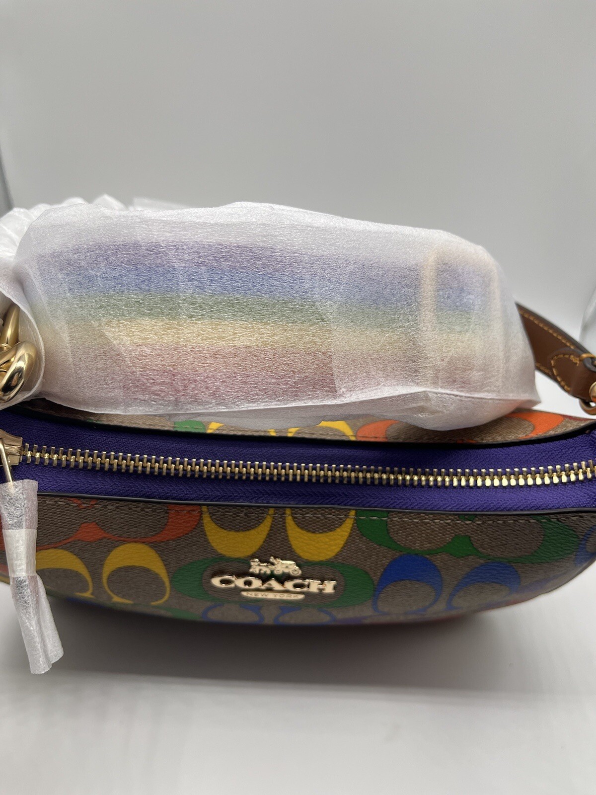 Coach Teri shoulder bag in rainbow signature canvas gold khaki multi style CA176