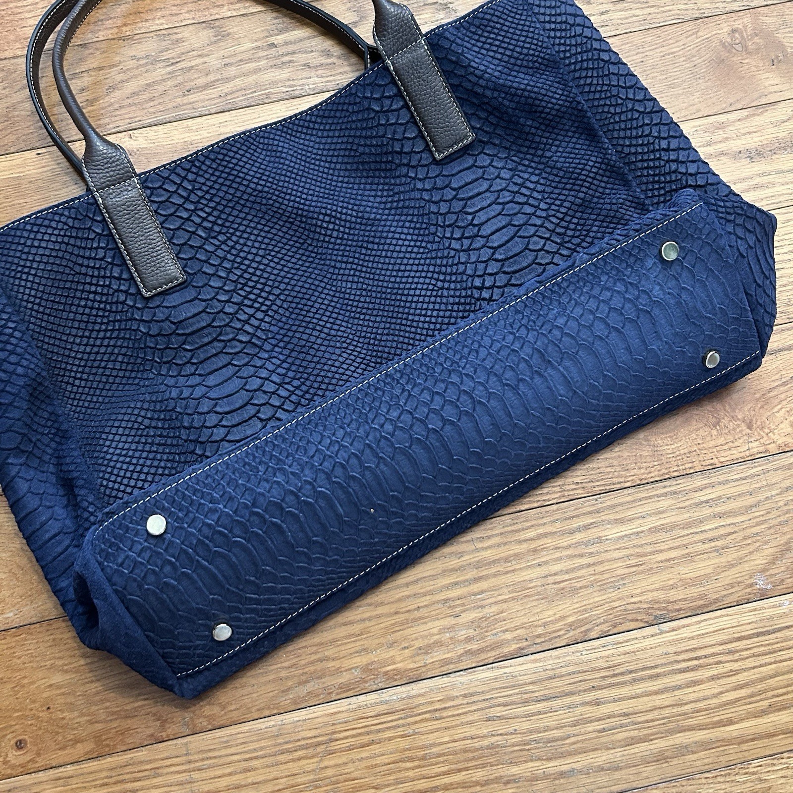 J McLaughlin Blue Suede Leather Snake Skin Texture Tote Shoulder Bag