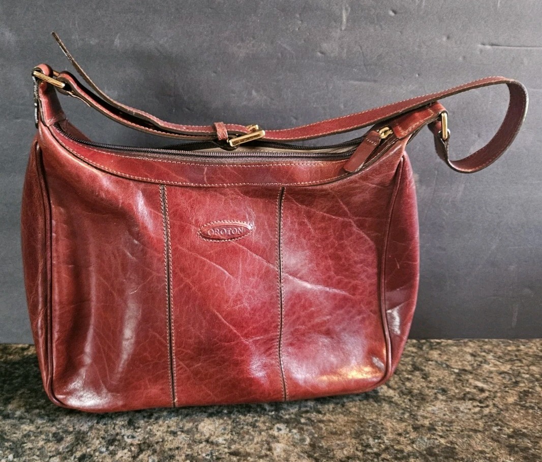 Oroton Brown Leather Vintage Satchel Hand Bag Purse