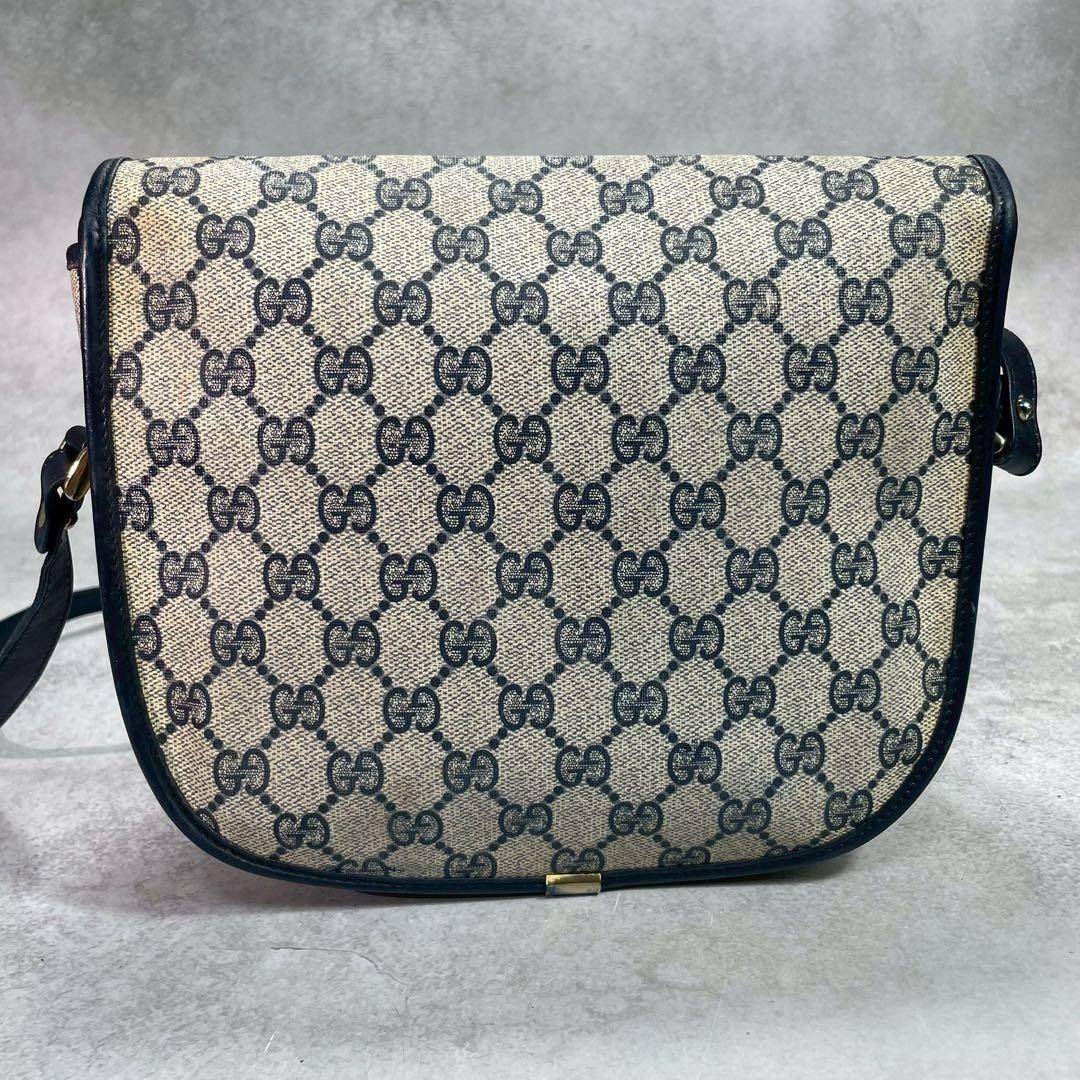 GUCCI GG Sherry Line Shoulder Bag Navy Beige Leather Gold Hardware From Japan