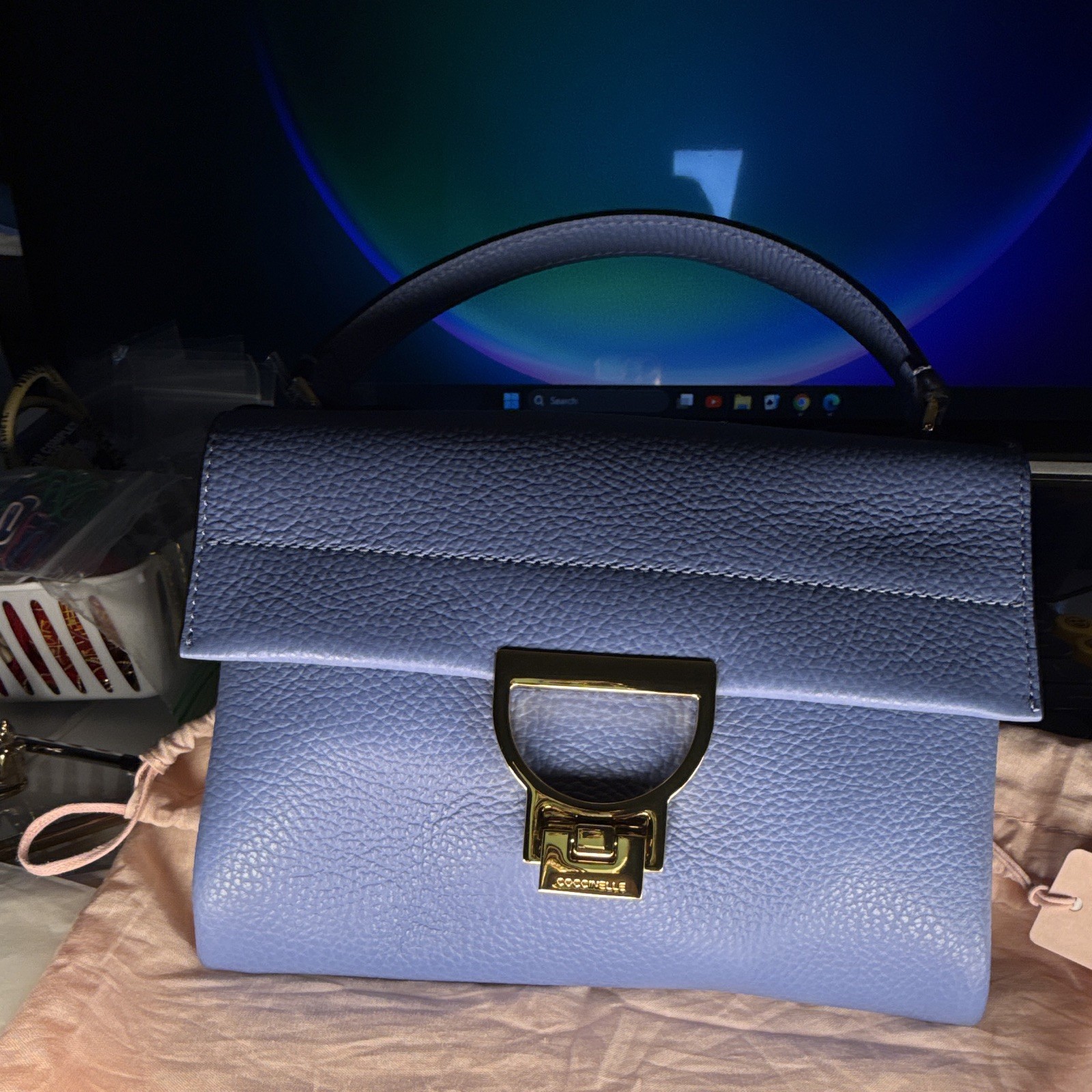 COCCINELLE Small Blue Pebbled Top Handle Satchel Turn Lock Gold Strap Dust Bag