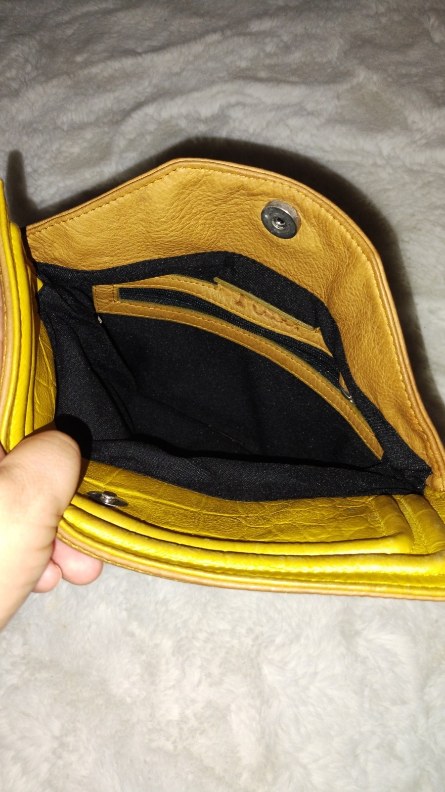 Possé Brown & Yellow Clutch Snap Closure Zip Pocket Lined Made in Mexico