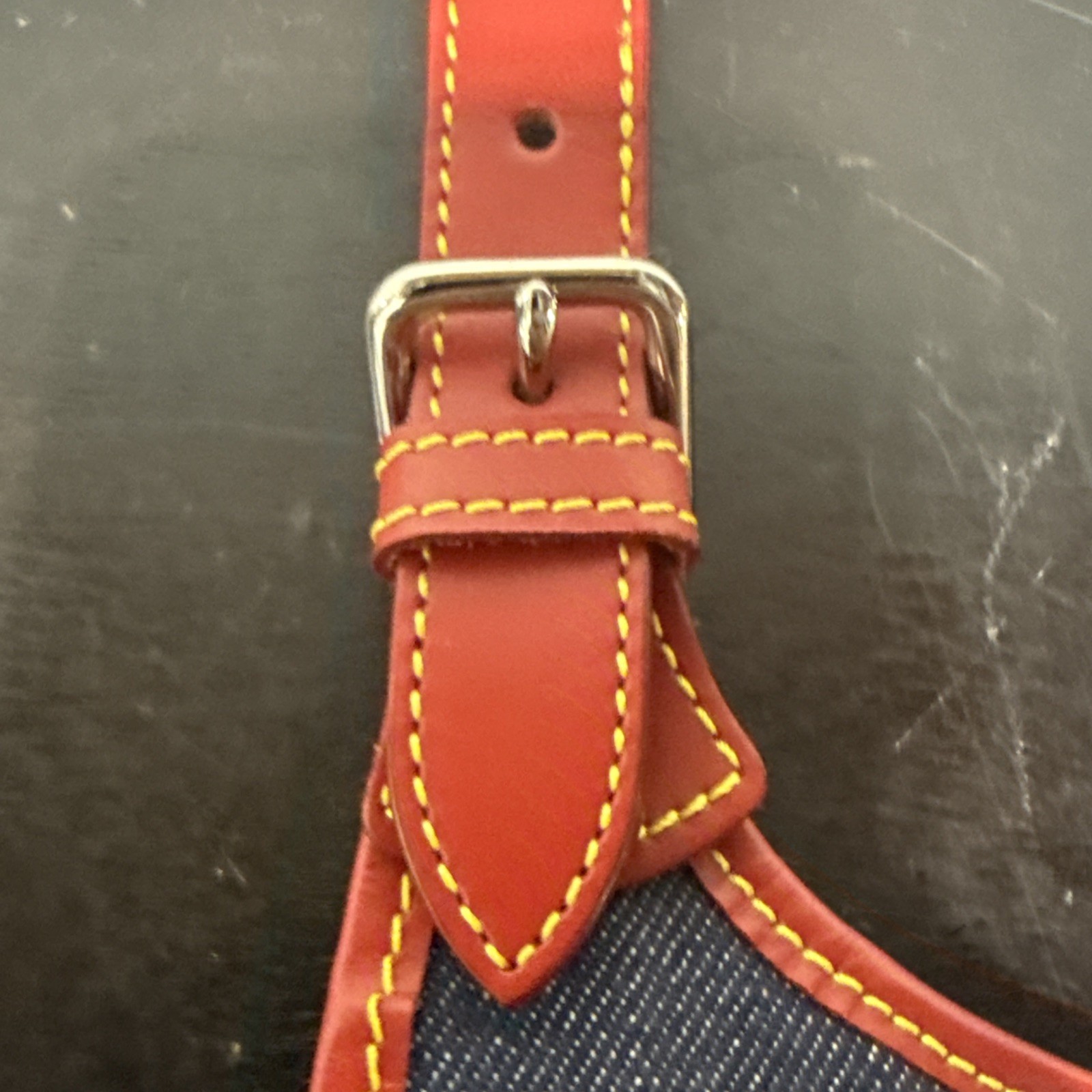 Vintage Dooney & Bourke Blue Denim Saddle Bag Red Leather Trim Messenger Handbag