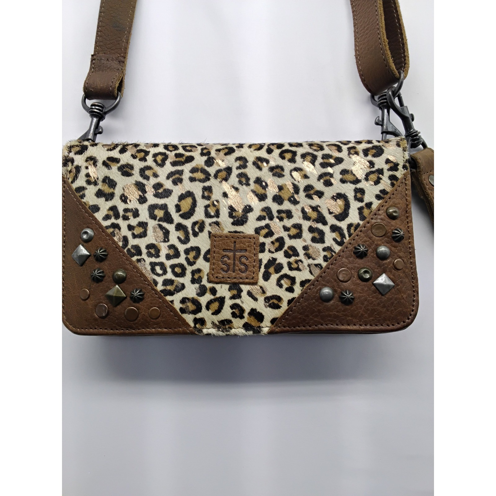 STS Ranchwear Leopard Hair On Hide Leather Crossbody Wallet Bag Brown Studded