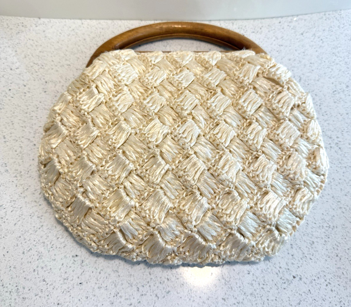 Vintage Purse Woven Straw Raffia Handbag Floral Wooden Handle Cream 1960’s