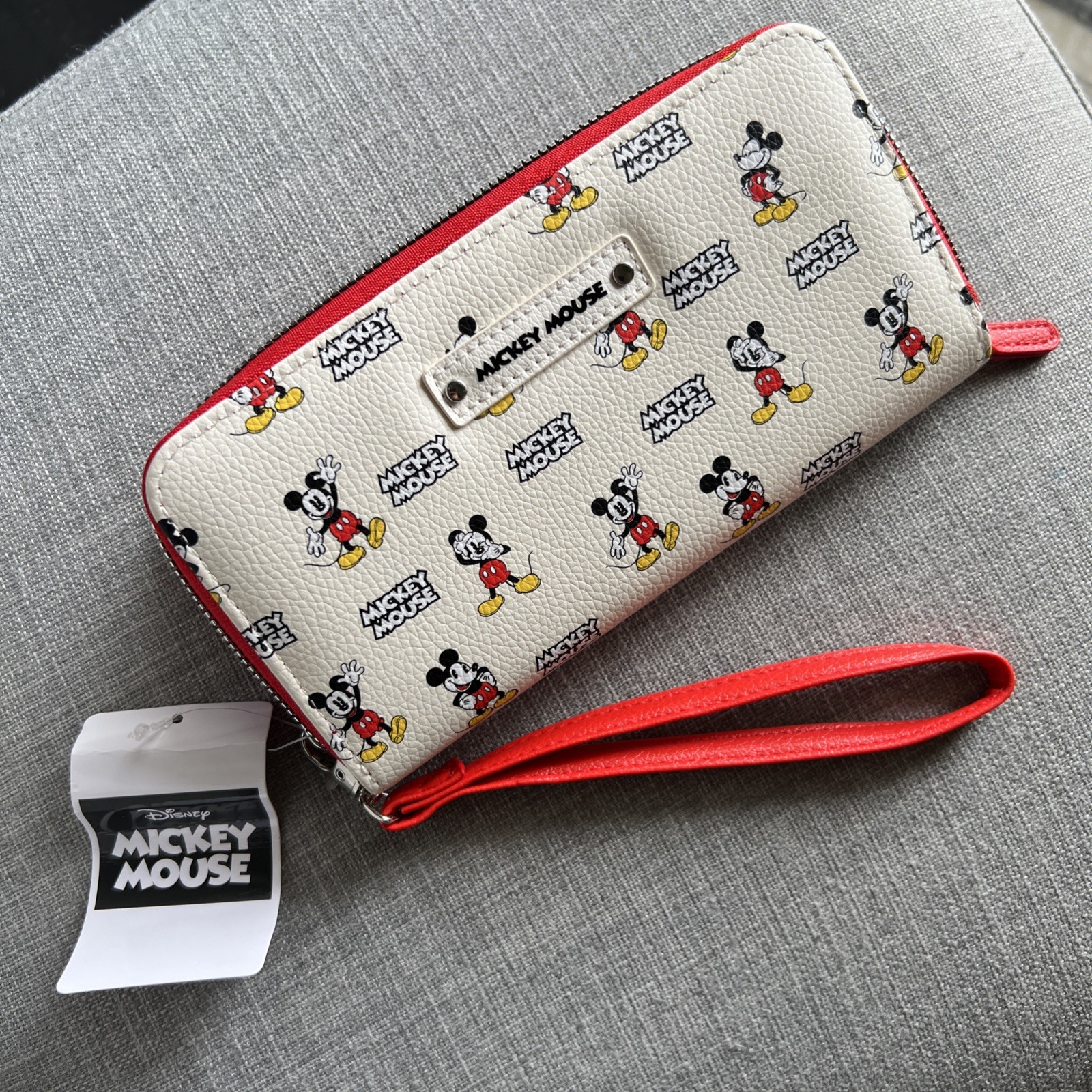 Disney Mickey Mouse Wallet White Red Black Strap Zip Closure