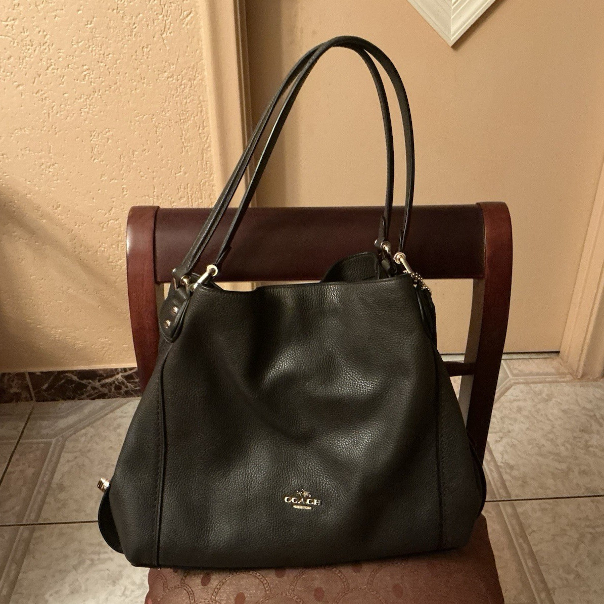 Coach Black Pebbled Shoulder Bag, Large, Zip Top, Gold Hardware, Detach Strap