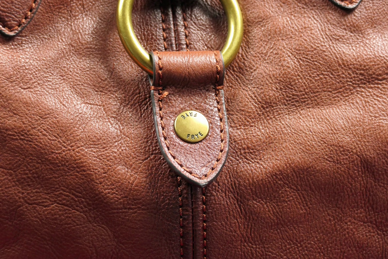 FRYE COGNAC LEATHER DUAL-HANDLE MAGNETIC-CLOSURE FABRIC LINED BRASS~TRIM BAG