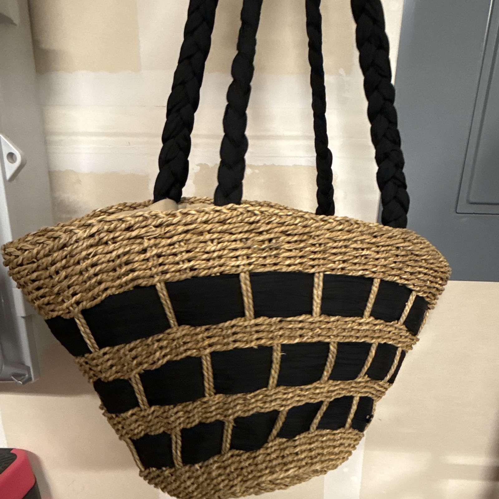 Woven Beach Tote Bag Black & Natural Braided Double Handles Beige Lined