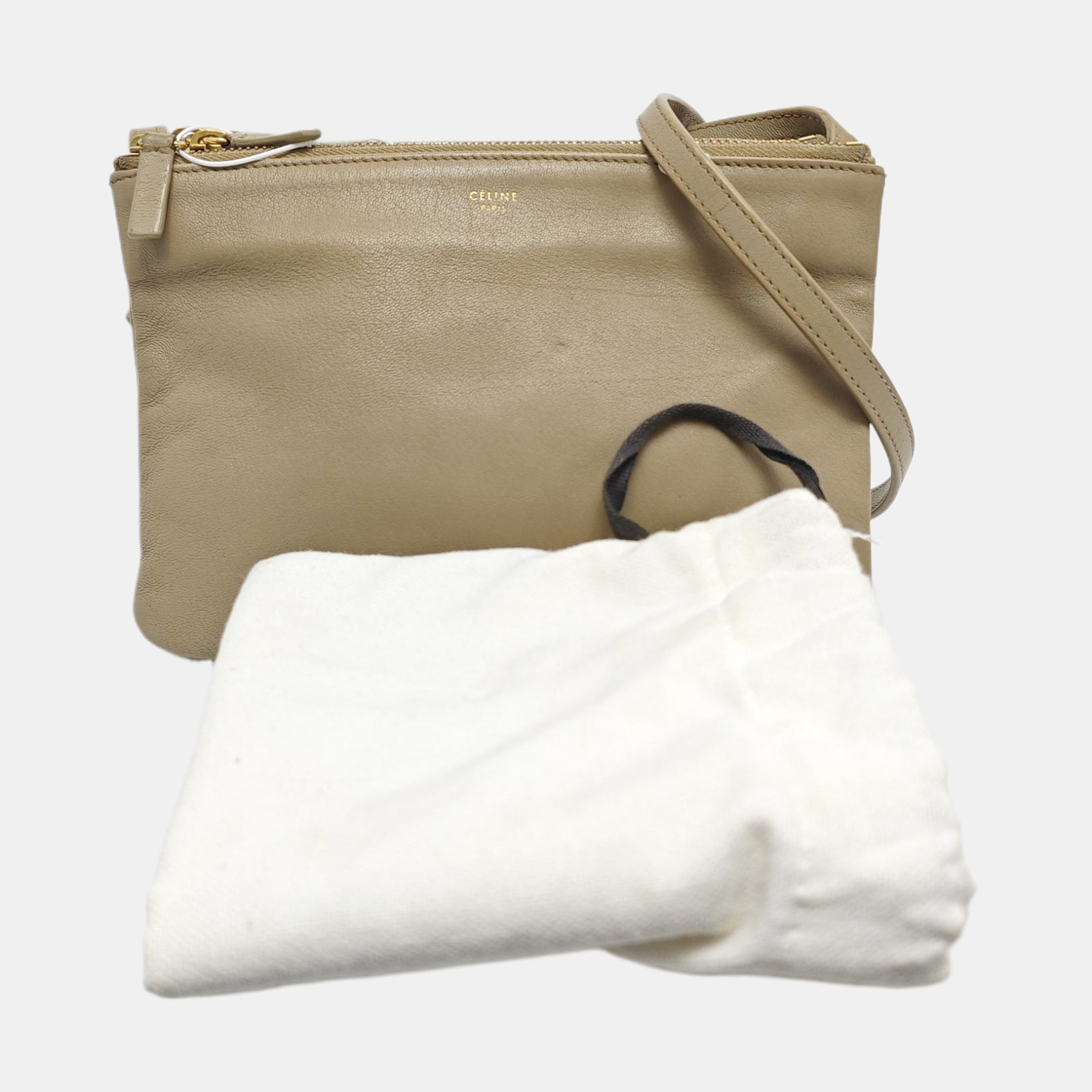 Auth CELINE Trio Beige Lambskin Leather Detached Pouch Small Shoulder Crossbody
