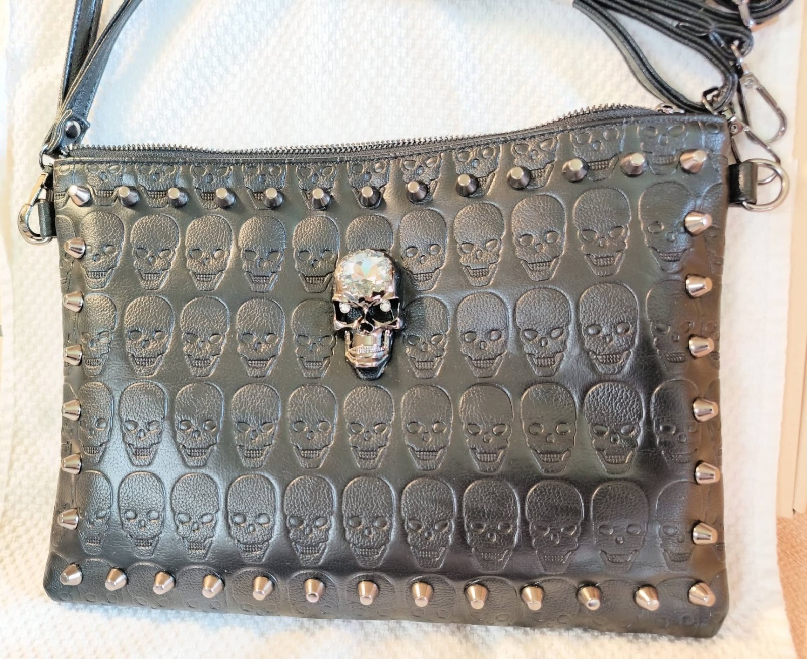 pu leather purse w skull imprint, studs, zipper & magnetic closures 12 X 8 1/2″