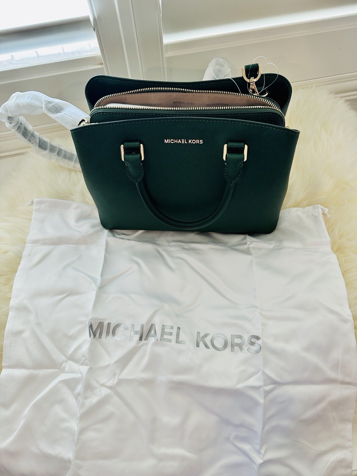 NWT MICHAEL KORS SAVANNAH Medium Satchel Moss Green Saffianno Leather $348