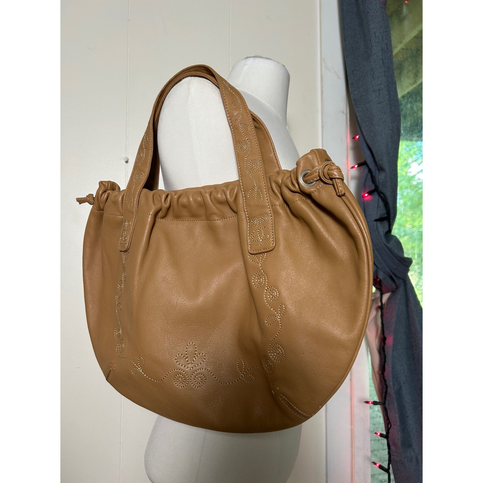 Fina Firenze Tan Leather Embroidered Hobo Shoulder Bag Western Floral Boho