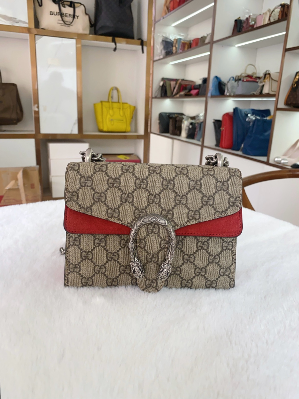 Authentic Gucci Dionysus Small Coated Canvas and Suede Shoulder Bag Beige/Red