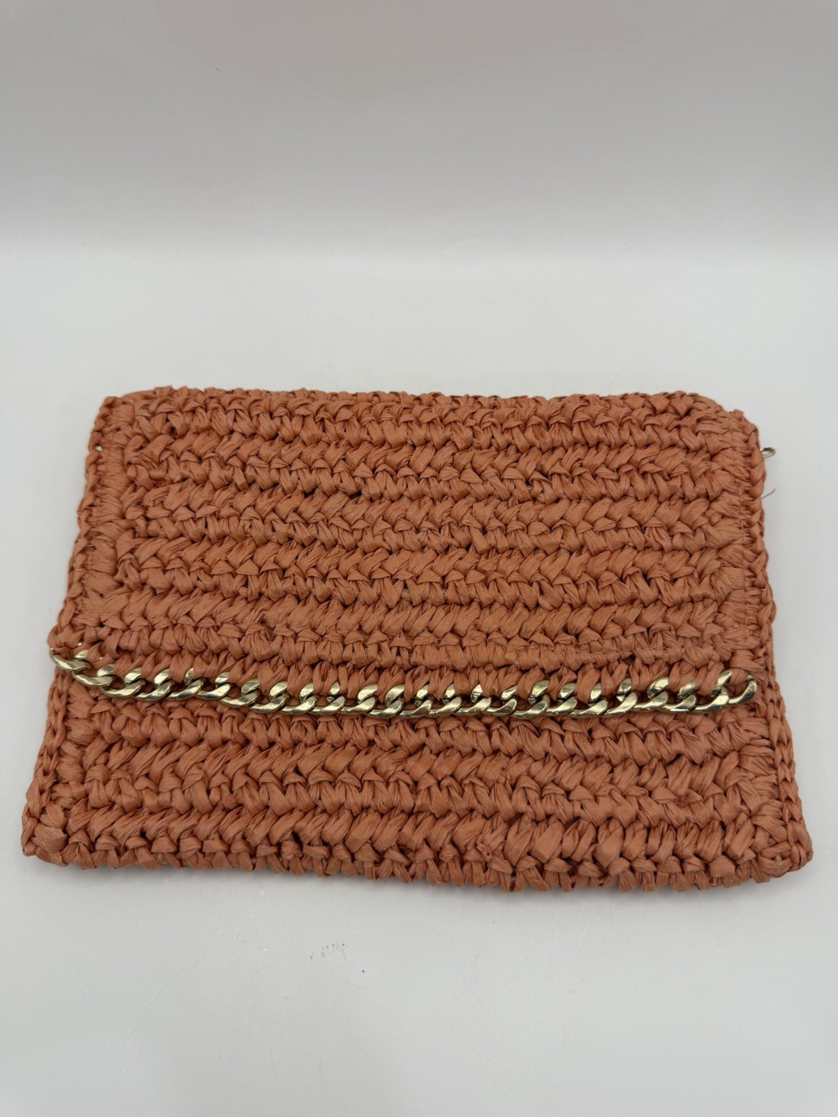 H&M Coral Woven Raffia-style Clutch Gold Chain Trim Foldover Purse