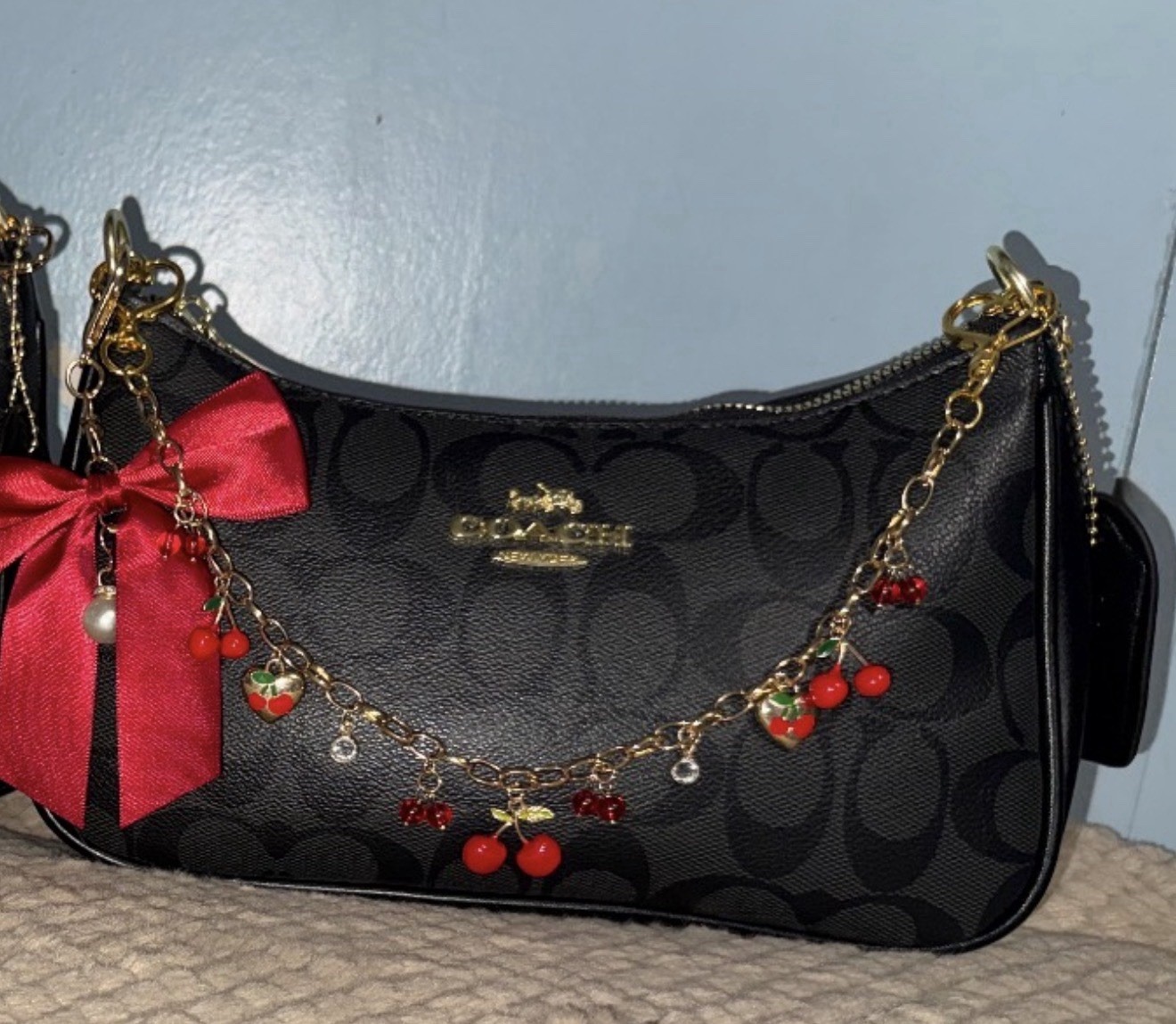 Coach Black Shoulder Bag Cherry Charm Bow Logo Zipper Gold Hardware