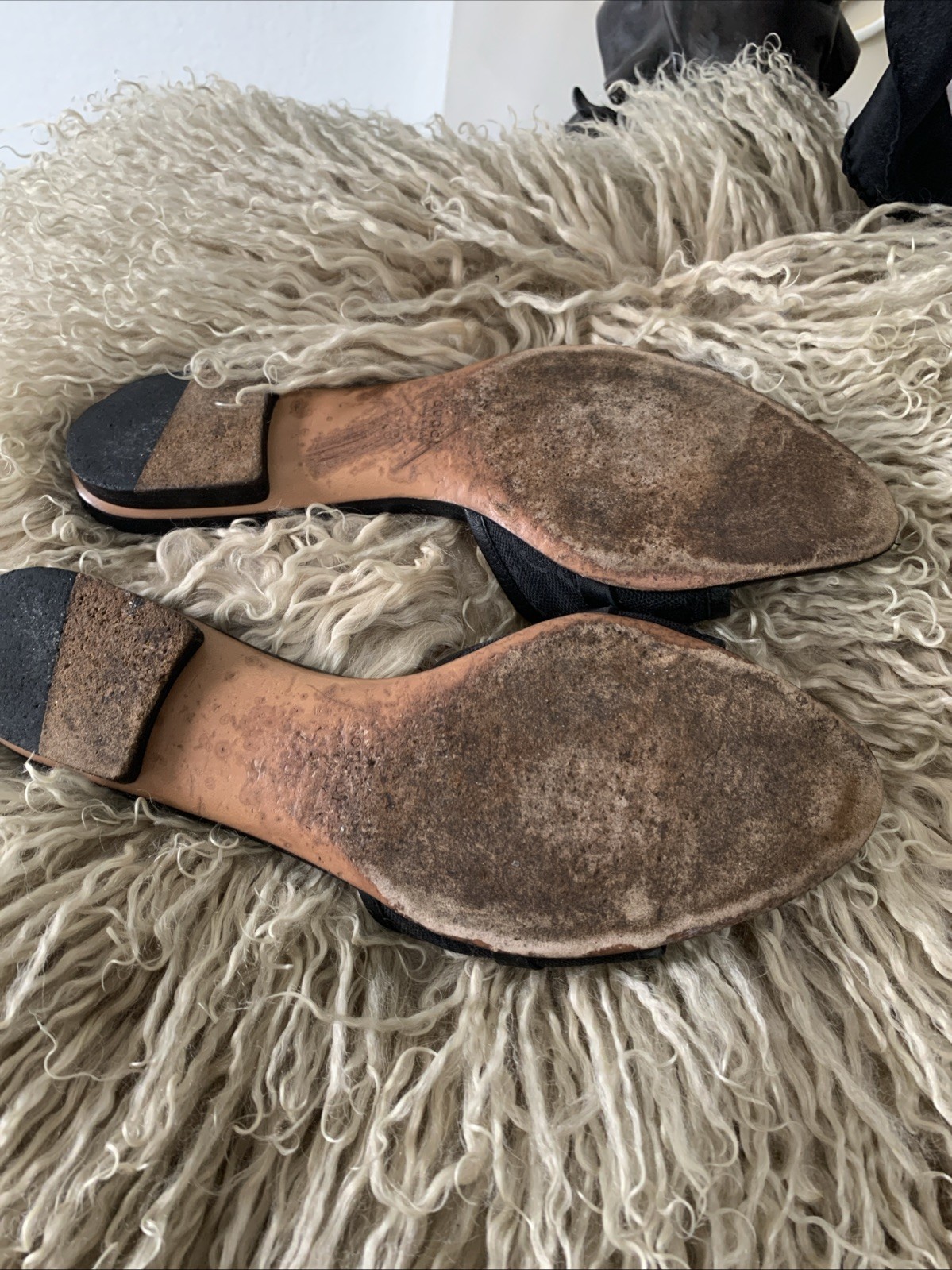 Gucci Italy 71/2 B Black Leather Canvas Logo Buckle Flats Shoes Women’s