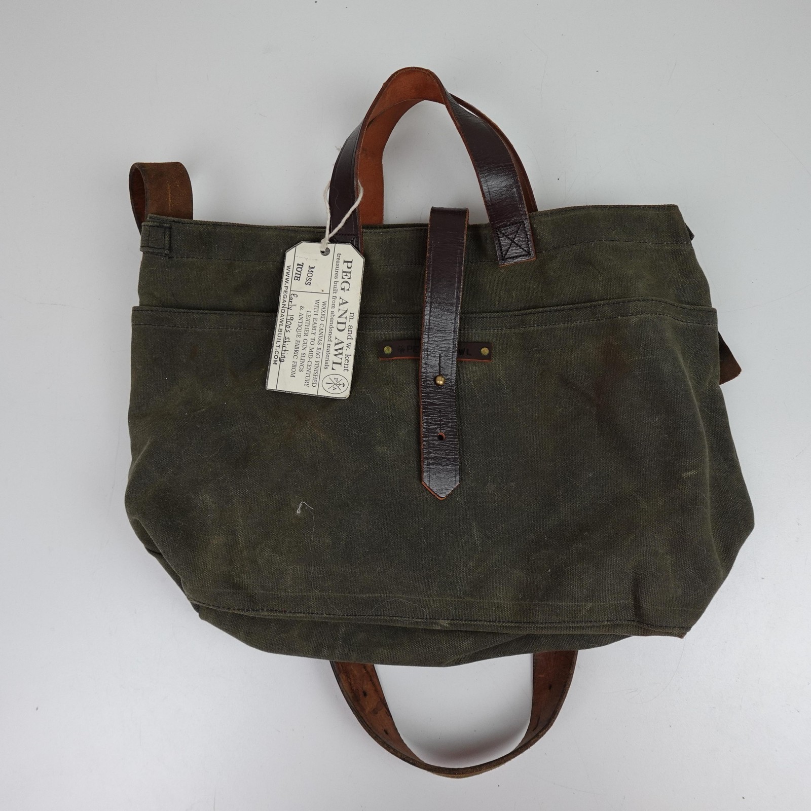 Peg And Awl Tote Bag Large Green Waxed Canvas Leather Shoulder Strap