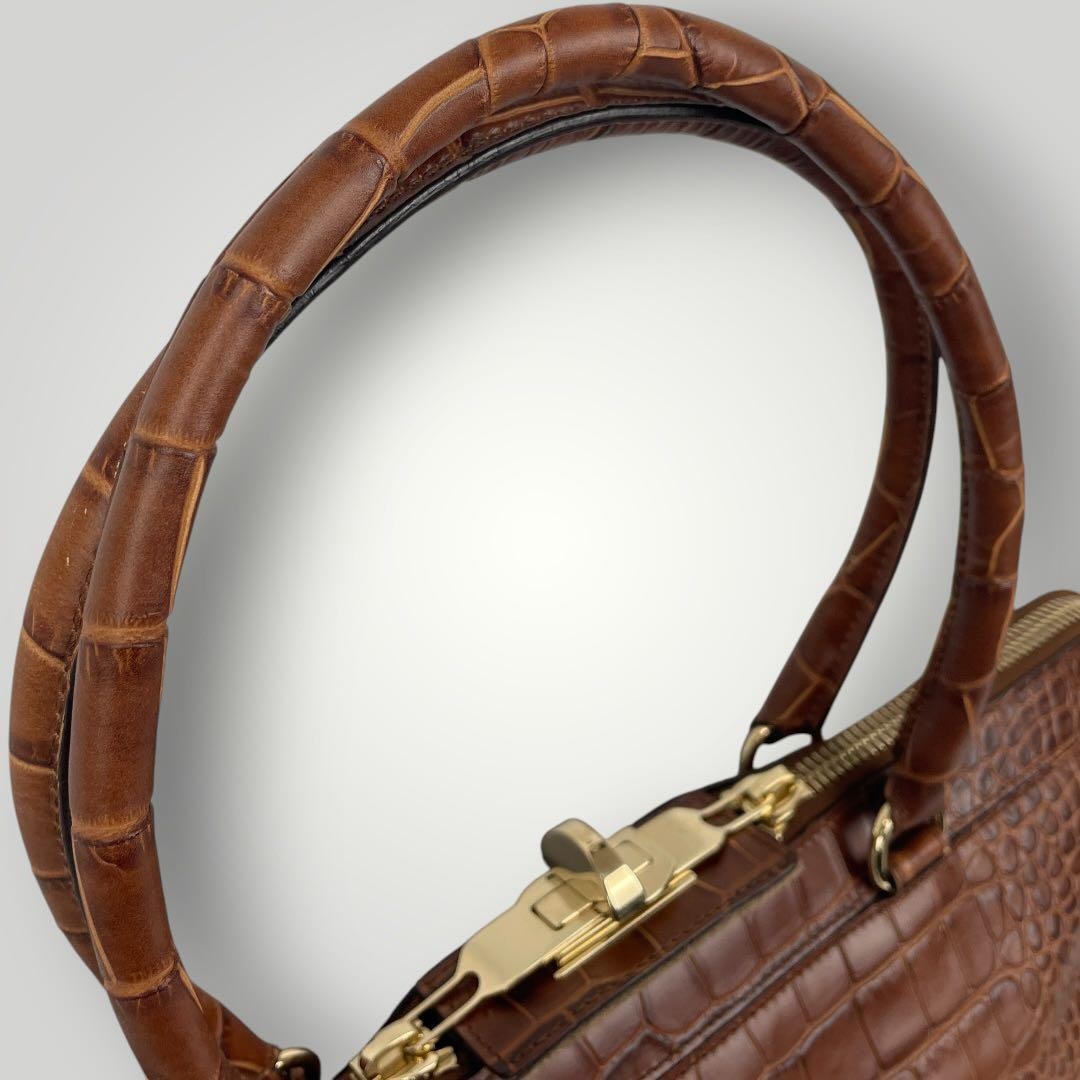 Max Mara Tote Bag Brown Croc Embossed Leather Shoulder Handbag Women USED