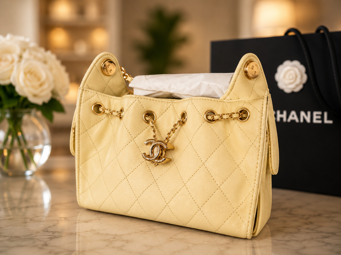 NEW Chanel 25 Mini Hobo Butter Yellow Caviar Gold HW Full Set Box, Bag, Receipt