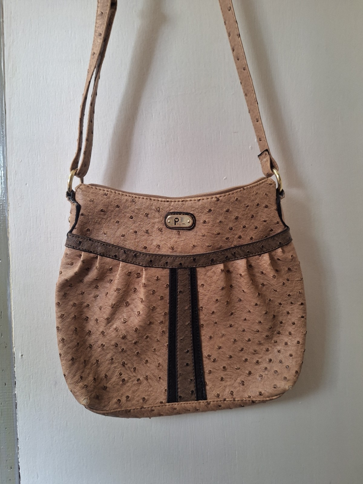 Plum Beige Solid Shoulder Bag Zip Closure Zipper Accents Gold Hardware Strap