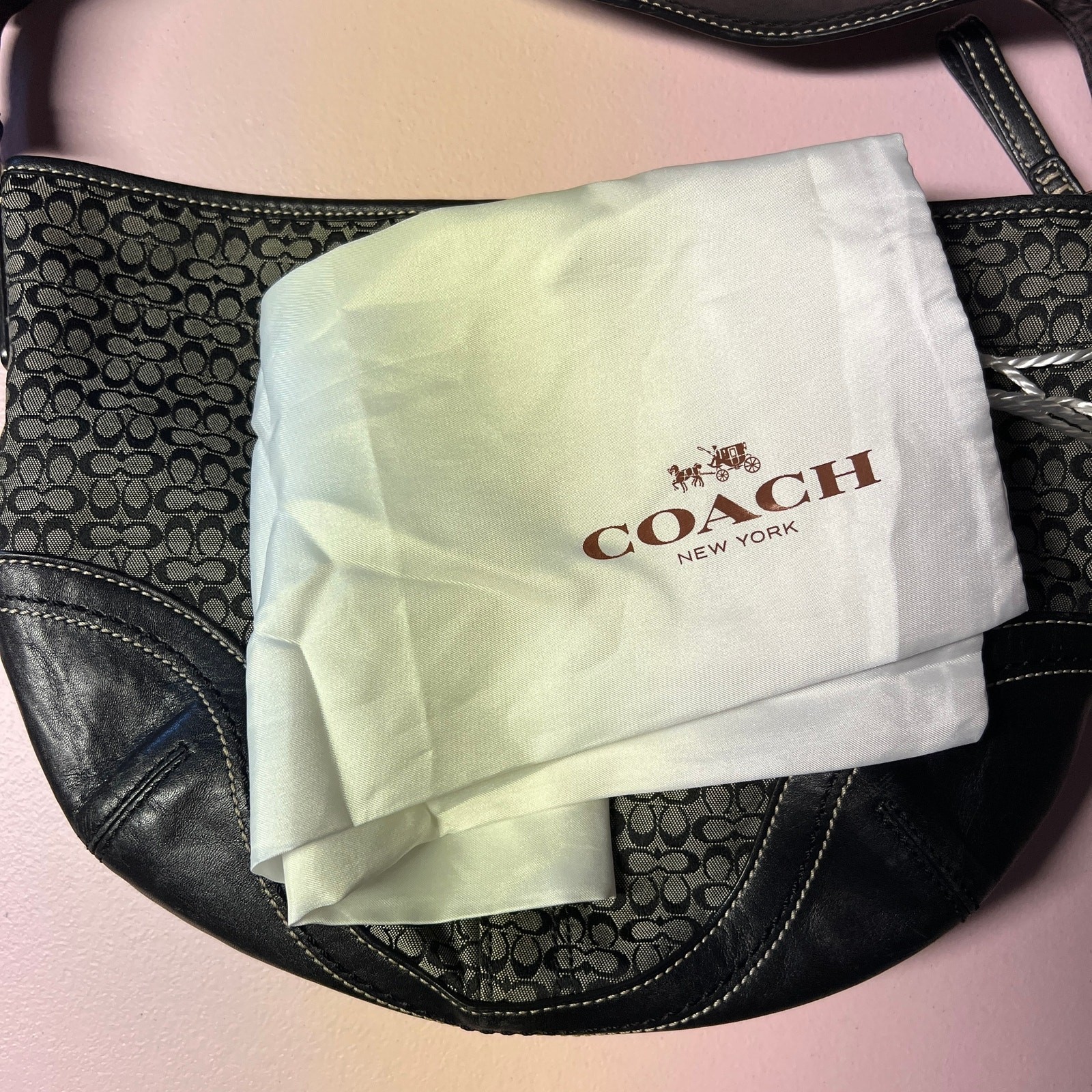 Coach Leather Fabric Small Black Bag/Purse Zip Closure Printed Logo