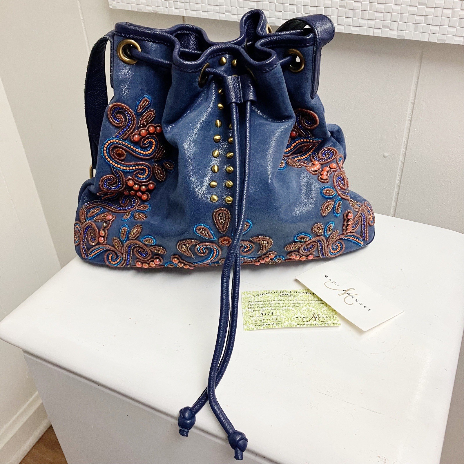 COA Mary Frances RARE Embellished Blue Frosted Leather Bucket Bag Drawstring
