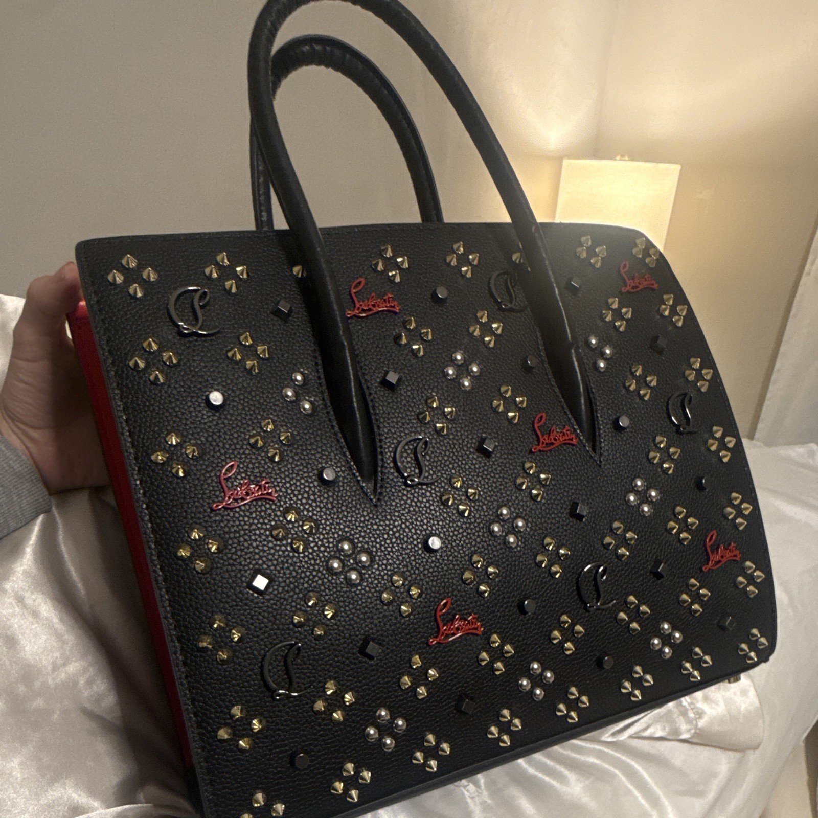 CL Black Studded Logo Tote, Detachable Strap, Zip, Red Lining