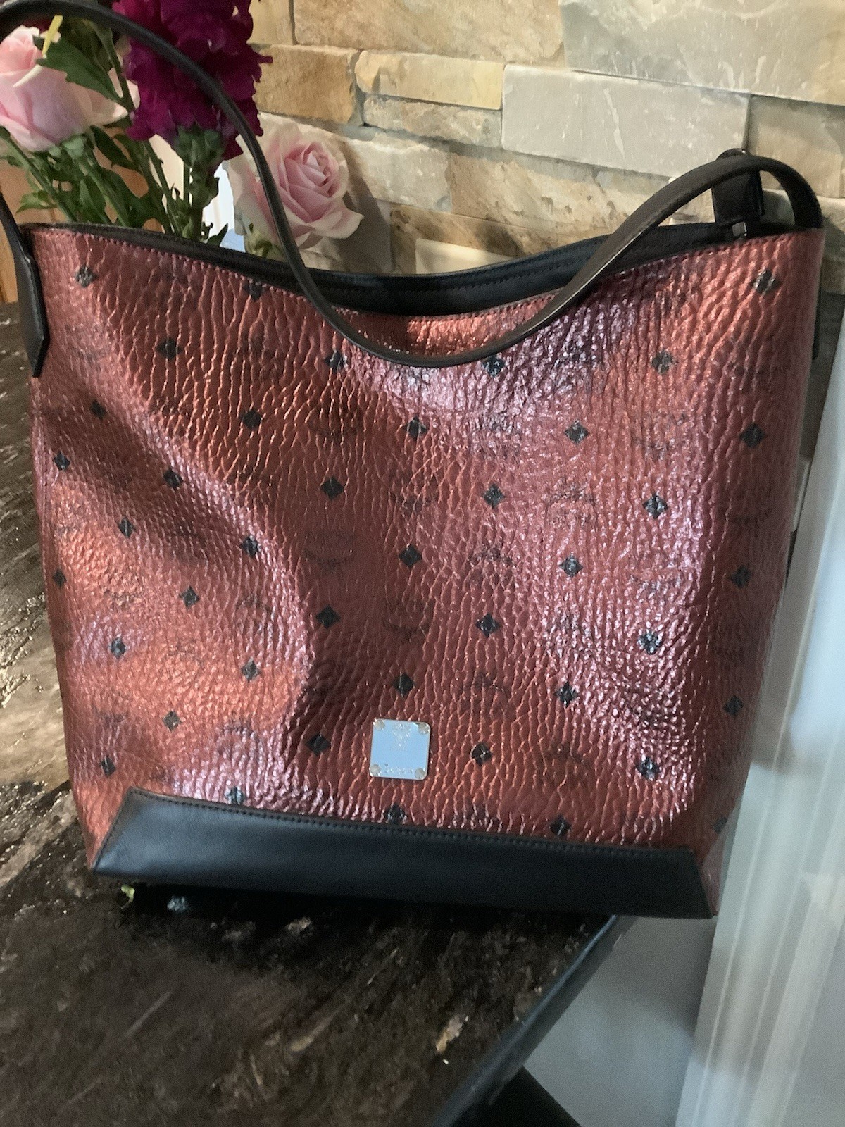 MCM Medium Spot Visetos Leather Shoulder Hobo Handbag Scooter Red
