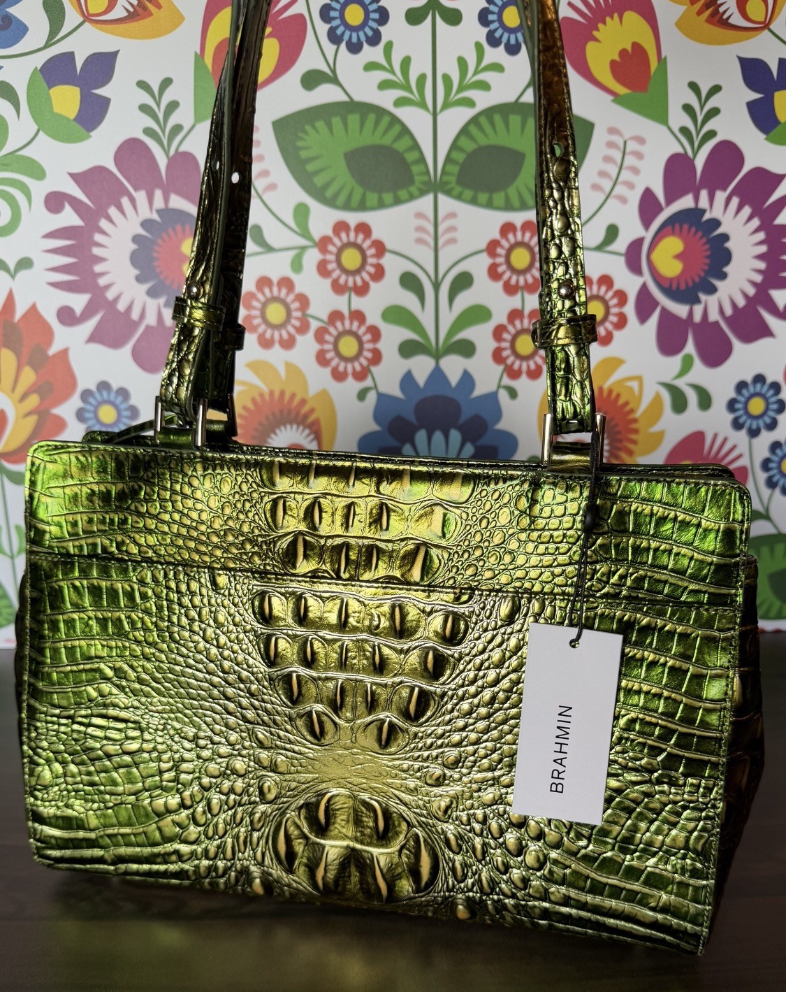 LAST ONE NEW BRAHMIN CACTI GREEN JOSETTE METALLIC STUNNER NWT SIMILAR TO FINLEY