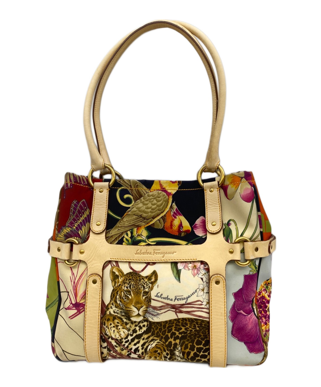 Salvatore Ferragamo Handbag Beige Red Vintage From Japan