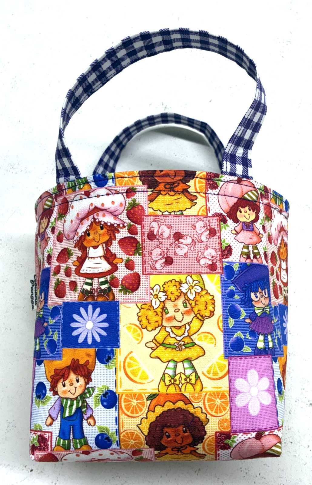 Handmade Fabric Lined Mini Tote Bag/Gift Bag Blue Strawberry Shortcake Print New