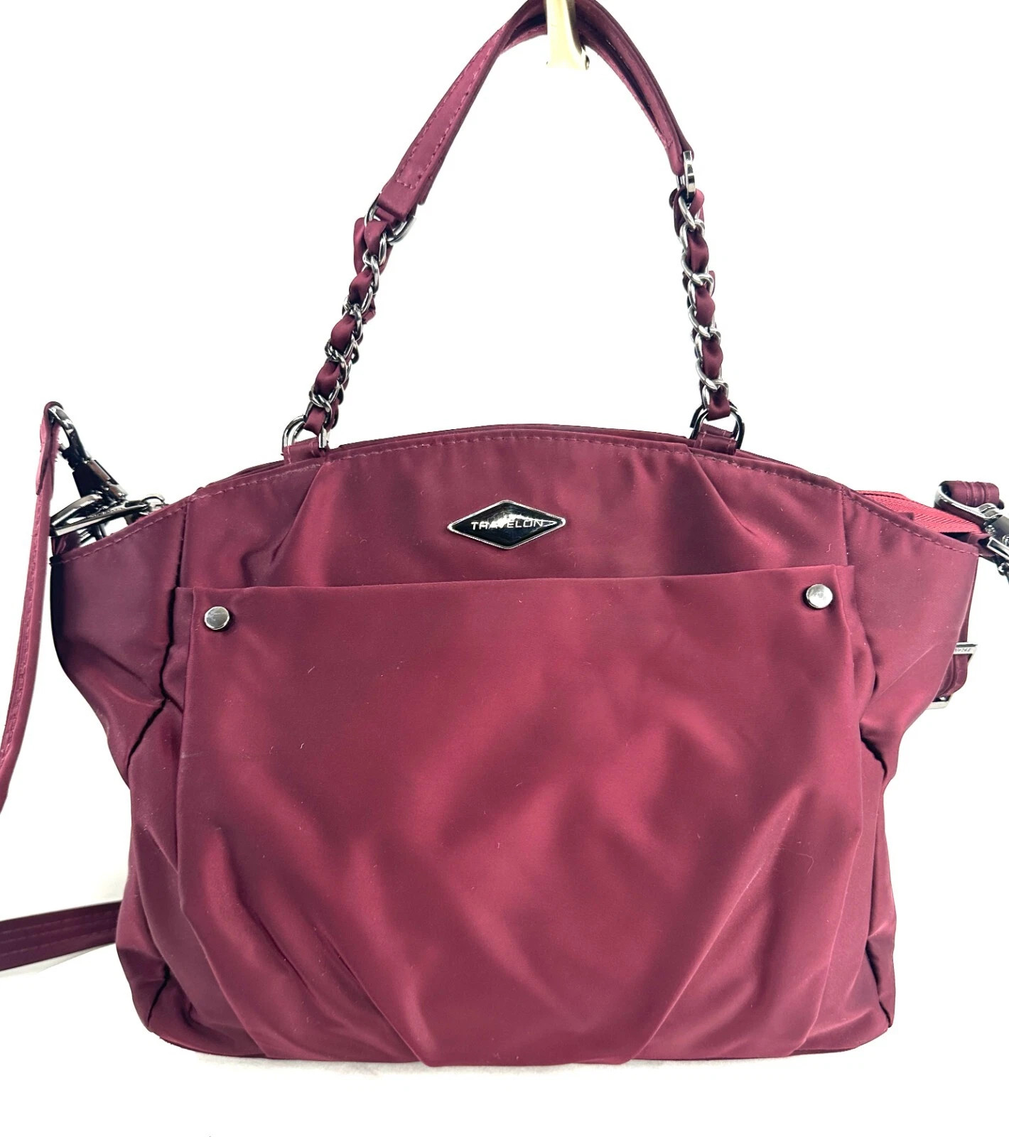 TRAVELON SATEEN NYLON MEDIUM CROSSBODY BAG WITH CHAIN HANDLES AND STRAP – MAROON